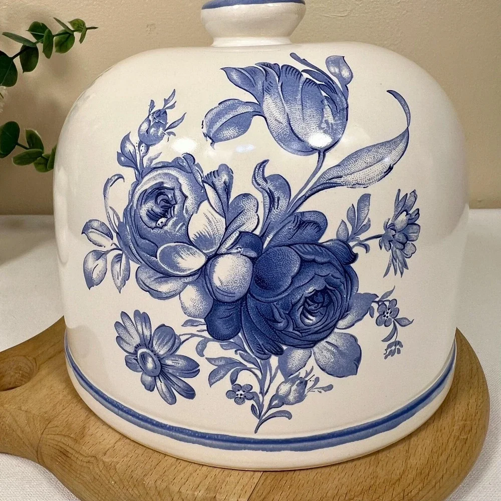 Vintage Porcelain Floral Cheese Ball Cover w/ Wood Base